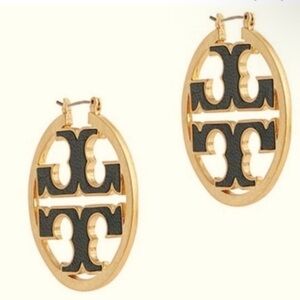 New Tory Burch Green Miller Gold logo Hoop Earrings